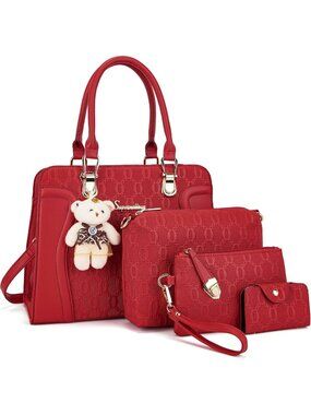 Women's Red 4Pc Handbag Set Tote Shoulder Satchel Purse with Bear Charm